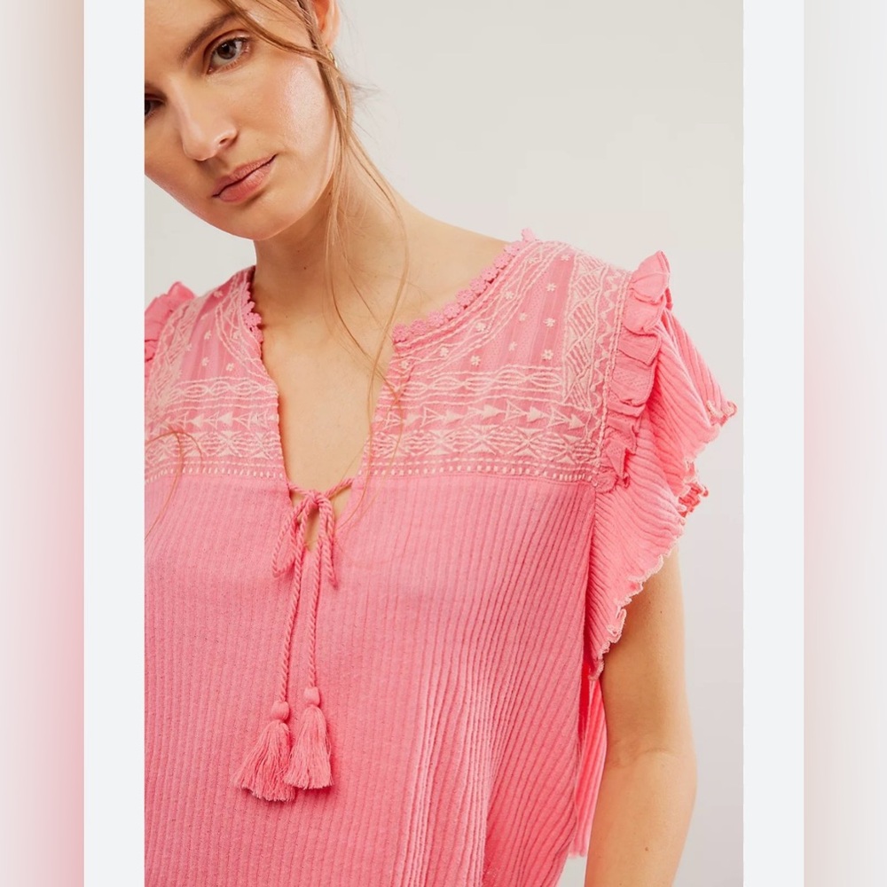 Free People Sarafina Top Boho Cottage Core Embroidered Flutter Crop Pink XL - Picture 2 of 15